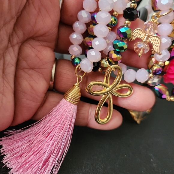 Hand Made Set of 7 AB Pink Crystal Glass Bracelets with Gold Charms Semanario - Picture 4 of 7